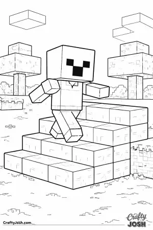 A block zombie carefully climbs a chunky block staircase with its arms out for balance