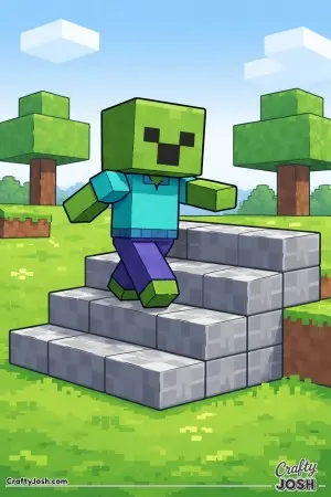 A block zombie carefully climbs a chunky block staircase with its arms out for balance