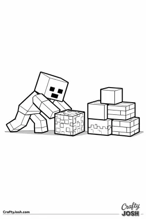 A block zombie strains forward while pushing one cube along the ground toward a neat pile of stacked blocks