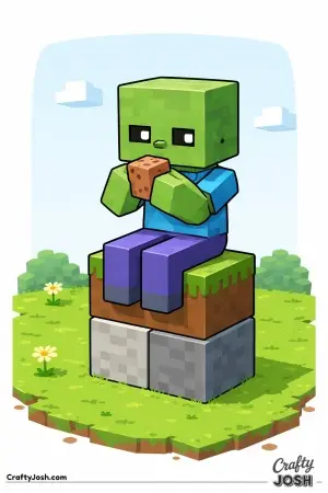 A relaxed Minecraft-style zombie takes a snack break while sitting on top of a neat cube stack