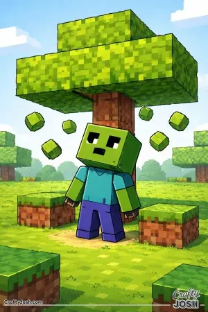 A surprised block zombie looks upward beneath a simple block tree as leaf blocks float down all around