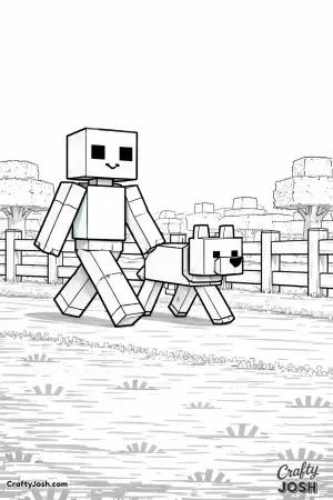 This image shows a blocky zombie and a loyal Minecraft dog taking a synchronized walk next to a simple fence line