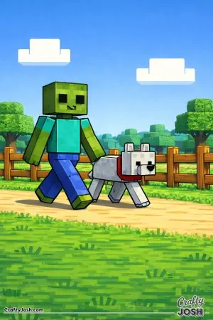 This image shows a blocky zombie and a loyal Minecraft dog taking a synchronized walk next to a simple fence line