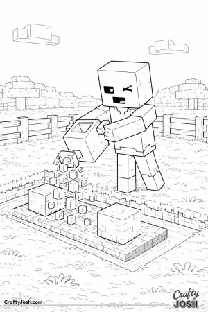 A block zombie carefully waters square farm crops using a cube-shaped watering can in the middle of a simple block field