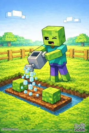 A block zombie carefully waters square farm crops using a cube-shaped watering can in the middle of a simple block field
