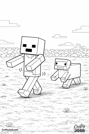A friendly Minecraft-style zombie walks across a wide grassy field while a sheep copies its stiff walk behind it