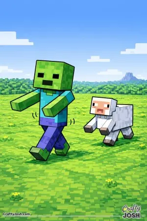 A friendly Minecraft-style zombie walks across a wide grassy field while a sheep copies its stiff walk behind it