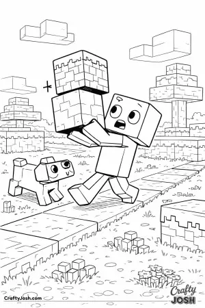 A green block creature carefully walks along a straight block path while balancing two stacked cubes as a block dog trots beside it