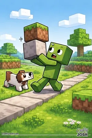 A green block creature carefully walks along a straight block path while balancing two stacked cubes as a block dog trots beside it