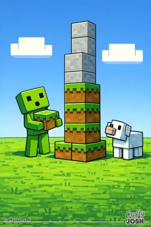 This image shows a friendly green block creature and a Minecraft sheep quietly studying a tall block tower made from stacked cubes