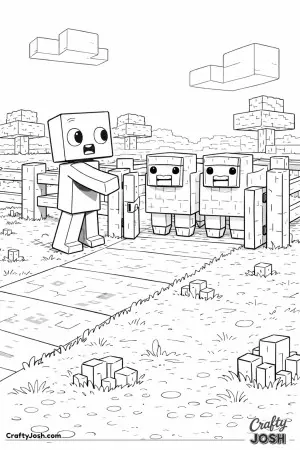 A green block creature opens a gate while two block sheep stand neatly side by side inside the fenced pen