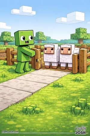 A green block creature opens a gate while two block sheep stand neatly side by side inside the fenced pen