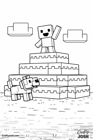 A green block creature waves enthusiastically from the top of a low stepped block hill, made of wide square steps