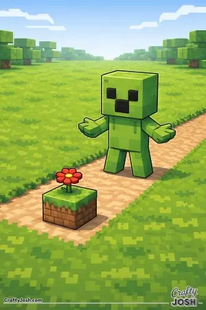 A green Minecraft-style block creature stands on a flat grass field, staring in confusion at a single flower block growing in the middle of a ..