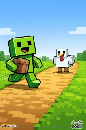 A green Minecraft-style creature rushes along a straight block path holding a cube, while a block chicken stands frozen ahead