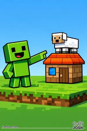 This image shows a blocky green creature showing off its small house as a sheep calmly balances on top