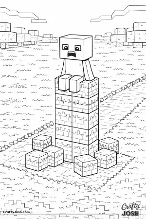 This image shows a blocky green Minecraft creature resting on a tower of stacked cubes after a long build