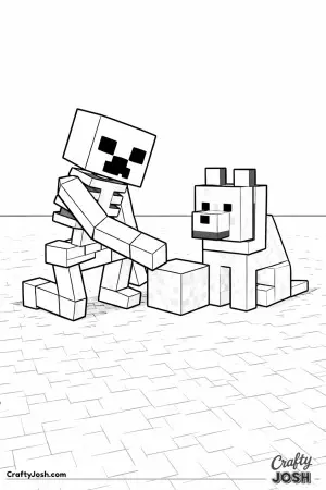 A Minecraft skeleton kneels on one knee while placing a single block beside a seated dog, as if building it a tiny platform