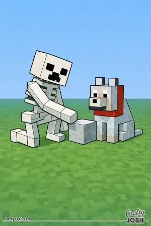 A Minecraft skeleton kneels on one knee while placing a single block beside a seated dog, as if building it a tiny platform