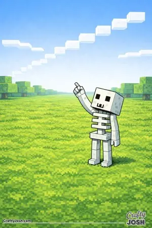 Those blocks get everywhere! This image shows a Minecraft style skeleton looking up in surprise at a staircase of blocky clouds floating overhead