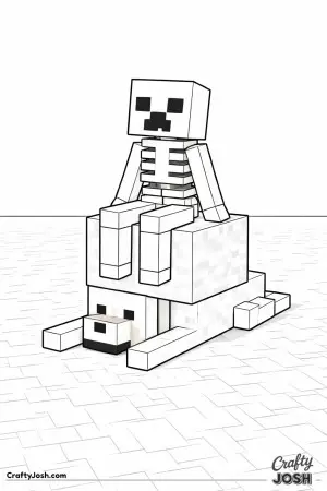 This image shows a blocky skeleton taking a break on top of a cube while a loyal Minecraft dog rests quietly below