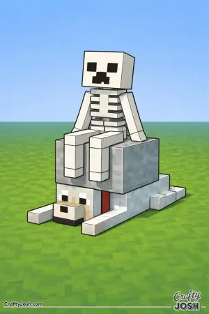 This image shows a blocky skeleton taking a break on top of a cube while a loyal Minecraft dog rests quietly below