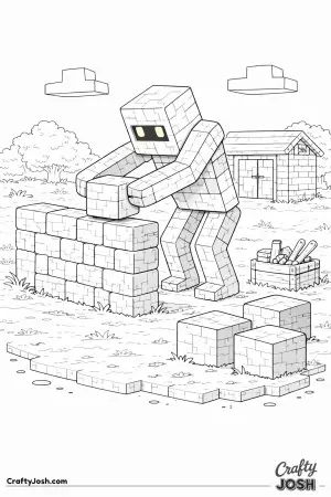 This large Minecraft inspired character is building a small block wall
