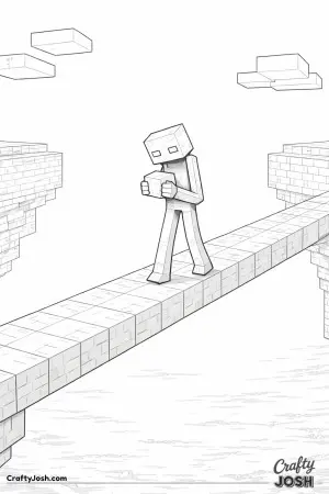 A tall block creature carefully walks across a wide block bridge while holding a single cube close to its chest