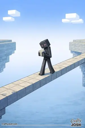 A tall block creature carefully walks across a wide block bridge while holding a single cube close to its chest