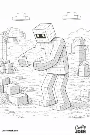 A Minecraft-style golem stands calmly with a bright cube in its hands while old block ruins create a quiet, magical setting