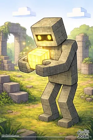 A Minecraft-style golem stands calmly with a bright cube in its hands while old block ruins create a quiet, magical setting