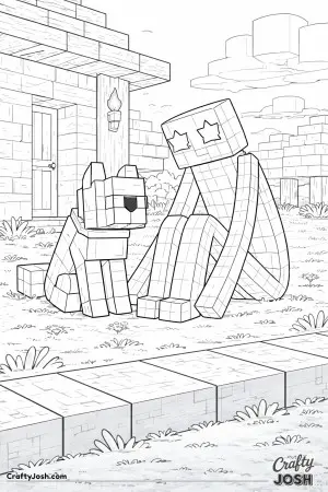 A tall block creature sits on the ground beside a seated block dog near a simple block house, leaning gently toward it