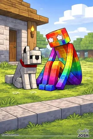 A tall block creature sits on the ground beside a seated block dog near a simple block house, leaning gently toward it