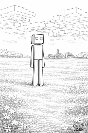 A tall block creature stands still in a wide grassy field while large square clouds drift overhead and a small block village rests on the horizon