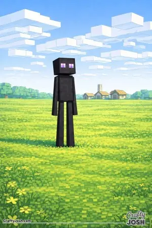 A tall block creature stands still in a wide grassy field while large square clouds drift overhead and a small block village rests on the horizon