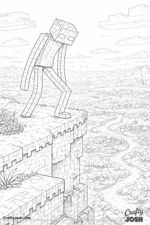 A towering block creature pauses on a steep block hill, gazing down at the distant block world beneath it in a wide open scene