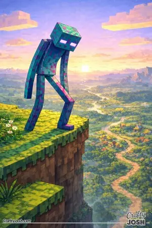 A towering block creature pauses on a steep block hill, gazing down at the distant block world beneath it in a wide open scene