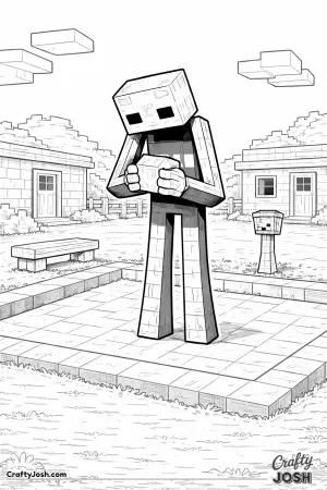 A very tall block creature stands in a courtyard, holding a single cube and studying it closely