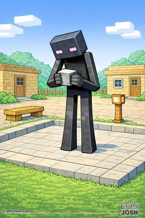 A very tall block creature stands in a courtyard, holding a single cube and studying it closely