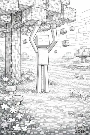 This image shows a Minecraft-style tall block creature stretching upward beneath a tree in a simple block meadow with floating leaf cubes
