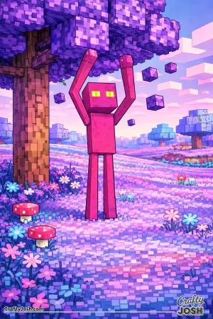 This image shows a Minecraft-style tall block creature stretching upward beneath a tree in a simple block meadow with floating leaf cubes