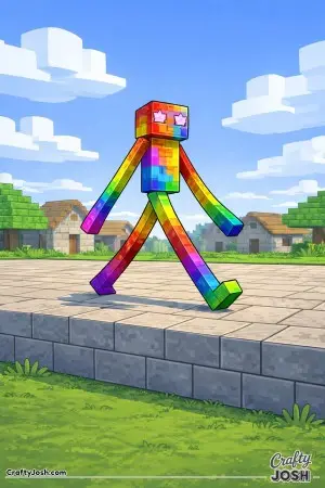 A tall block creature takes a long step across a wide stone block platform
