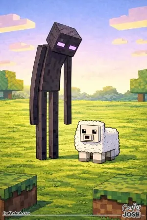 A towering block creature stands beside a very small block sheep in an open grassy block field