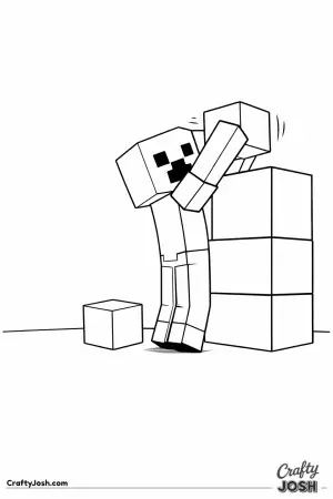 A green Minecraft creature stretches on its toes to place a block on top of a short wall, with one extra cube resting on the ground beside it