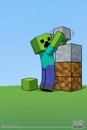 A green Minecraft creature stretches on its toes to place a block on top of a short wall, with one extra cube resting on the ground beside it