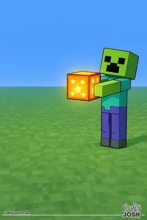 A green Minecraft zombie stands at the edge of an open block field while holding a glowing cube lantern with star-shaped cutouts