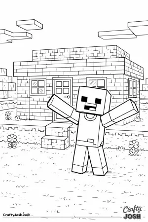 A block zombie stands with arms wide open in front of a simple square block house it has built