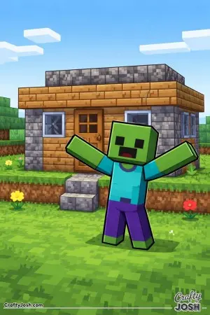 A block zombie stands with arms wide open in front of a simple square block house it has built