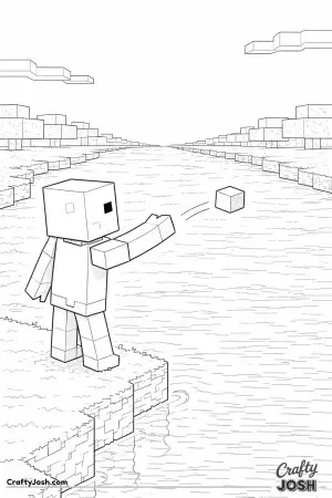 A block zombie stands at the edge of a wide block river, tossing a cube that hangs mid-air between the two banks