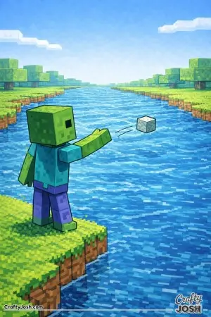 A block zombie stands at the edge of a wide block river, tossing a cube that hangs mid-air between the two banks